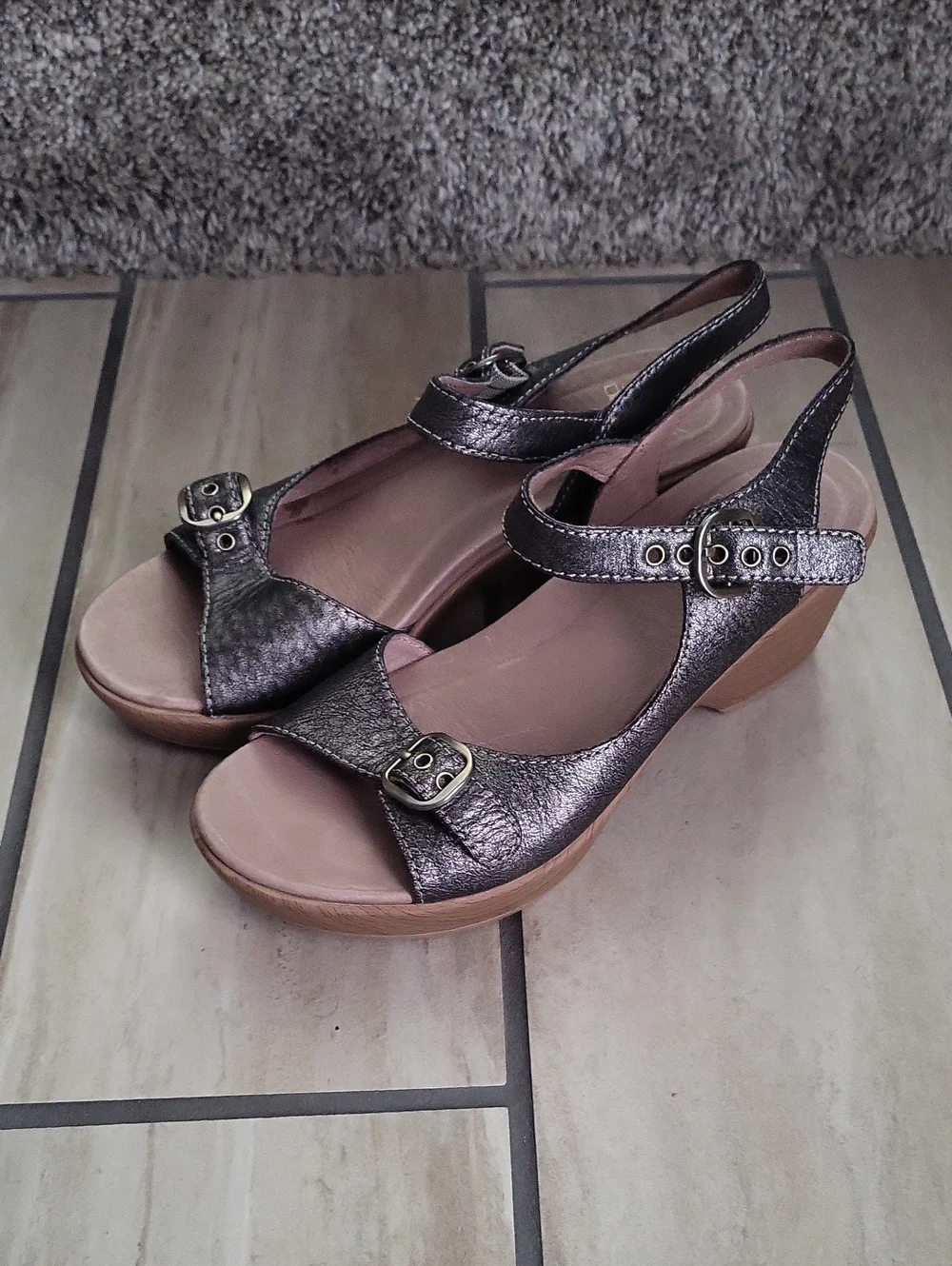 Dansko Metallic Pewter Slingback Wedge Sandals
